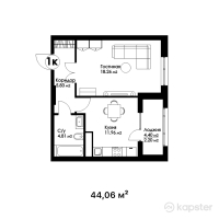 ЖК Honnete — 2-ком 44,1 м² (от 22 030 000 тг)