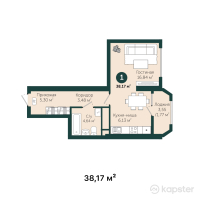 ЖК Tumar Tower Shymkent — 1-ком 38,2 м² (от 23 550 890 тг)
