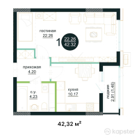 ЖК Muz Tau — 1-ком 42,3 м² (от 16 081 600 тг)