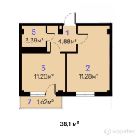 ЖК Гранит — 1-ком 38,1 м² (от 15 240 000 тг)
