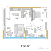 ЖК  Hyde Premium Tower — 2-ком 87,4 м² (от 62 367 900 тг)