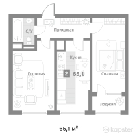 ЖК 12 месяцев — 2-ком 65,1 м² (от 33 526 500 тг)