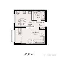 ЖК Everest Boulevard — 1-ком 35,1 м² (от 15 799 500 тг)