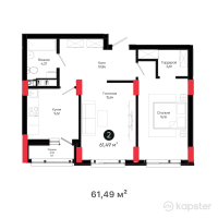ЖК West Side — 2-ком 61,5 м² (от 30 745 000 тг)