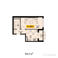 ЖК Sapfir — 1-ком 38,3 м² (от 16 469 000 тг)