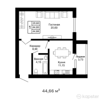 ЖК Grey stone — 1-ком 44,7 м² (от 12 951 400 тг)