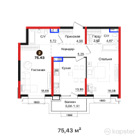 ЖК Tamga Residence — 2-ком 75,4 м² (от 108 166 620 тг)