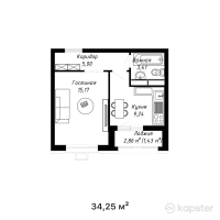 ЖК Центральный Сквер — 1-ком 34,3 м² (от 17 810 000 тг)