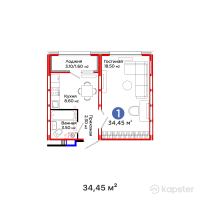 ЖК Space — 1-ком 34,5 м² (от 20 738 900 тг)