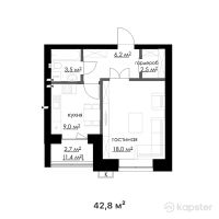 КД Hayat — 1-ком 42,8 м² (от 20 116 000 тг)