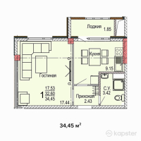 ЖК Aq Shanyraq — 1-ком 34,5 м² (от 10 335 000 тг)