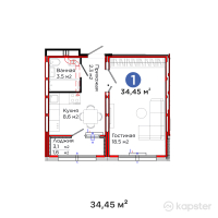 ЖК SPACE PLUS — 1-ком 34,5 м² (от 18 981 950 тг)