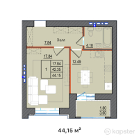 ЖК London — 1-ком 44,2 м² (от 16 335 500 тг)