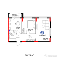 ЖК Bosaga — 2-ком 60,7 м² (от 24 891 100 тг)
