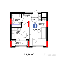 ЖК UIA. BURKIT — 1-ком 38,7 м² (от 21 802 589 тг)
