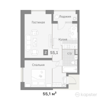 ЖК Аспан Сити 2.0 — 2-ком 55,1 м² (от 22 921 600 тг)