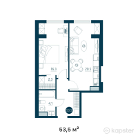 ЖК Riverside — 1-ком 53,5 м² (от 24 342 500 тг)