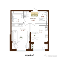 ЖК История — 1-ком 46,4 м² (от 28 328 400 тг)